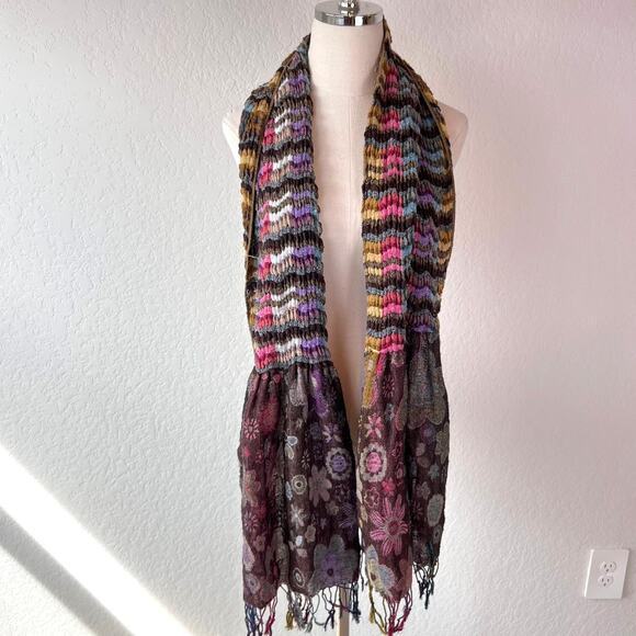 Y2K Multicolor Floral and Striped Fringe Scarf Boho Fairy - Picture 1 of 5